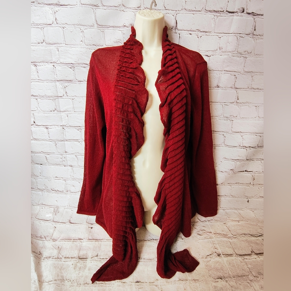 Eileen Fisher Linen Blend Dark Red Ruffled Trim Open Cardigan L Holiday